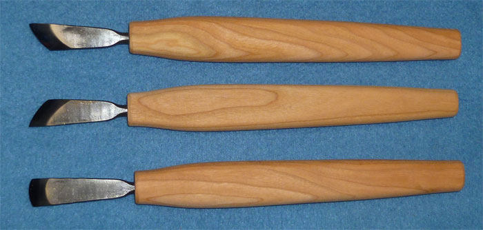 The three bullnose chisels - right skew, left skew, and straight, bottom view